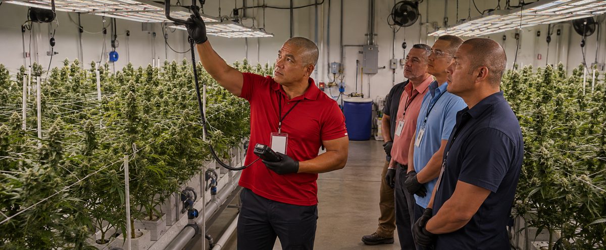 Devin Lockett training a team in the hydroponic cannabis cultivation grow